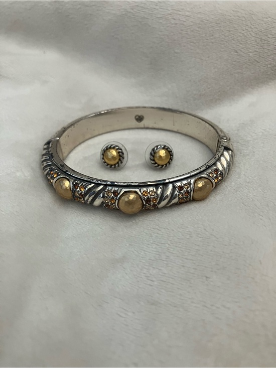 Brighton Jewelry - Brighton Two-Tone Silver and Gold Bangle Bracelet with Gold Accent Stud Earrings